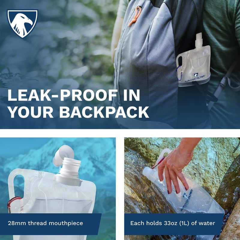 Survivor Filter زجاجات مياه قابلة للطي سعة 1 لتر من سيرفايفر فلتر - للسفر، التنزه، قابلة للطي، خالية من BPA - 2 × 33 أونصة - Image 2